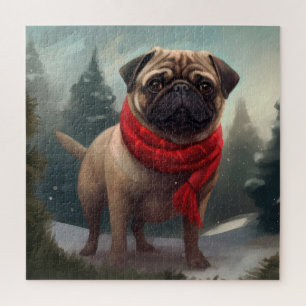 Mops Hund im Schnee Weihnachten Puzzle