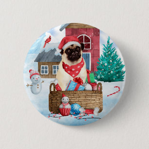 Mops Hund im Schnee Weihnachtshundehaus Button