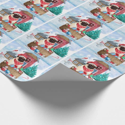 Mops Hund im Schnee Weihnachtshundehaus Geschenkpapier (Ecke)