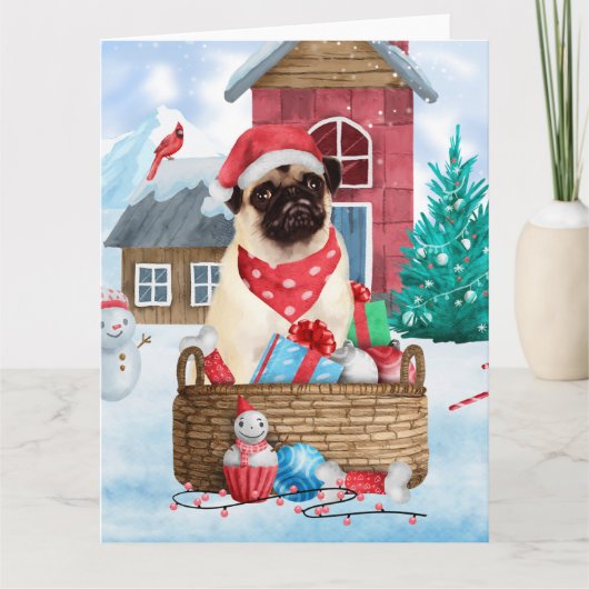 Mops Hund im Schnee Weihnachtshundehaus Karte (Vorderseite)