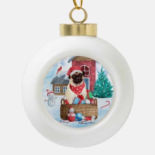 Mops Hund im Schnee Weihnachtshundehaus Keramik Kugel-Ornament (Vorderseite)