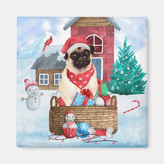 Mops Hund im Schnee Weihnachtshundehaus Magnet (Vorne)