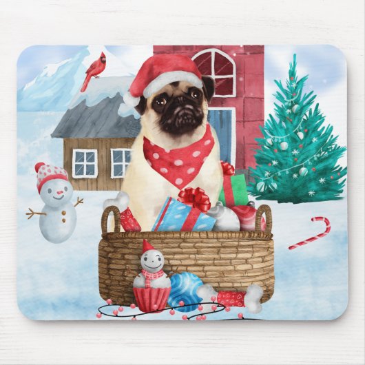 Mops Hund im Schnee Weihnachtshundehaus Mousepad (Vorne)