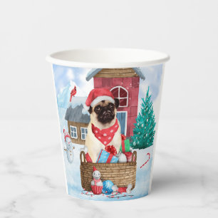 Mops Hund im Schnee Weihnachtshundehaus Pappbecher