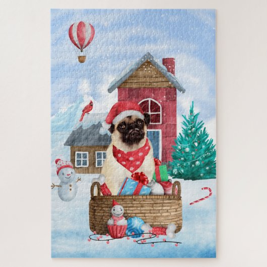 Mops Hund im Schnee Weihnachtshundehaus Puzzle (Vertikal)
