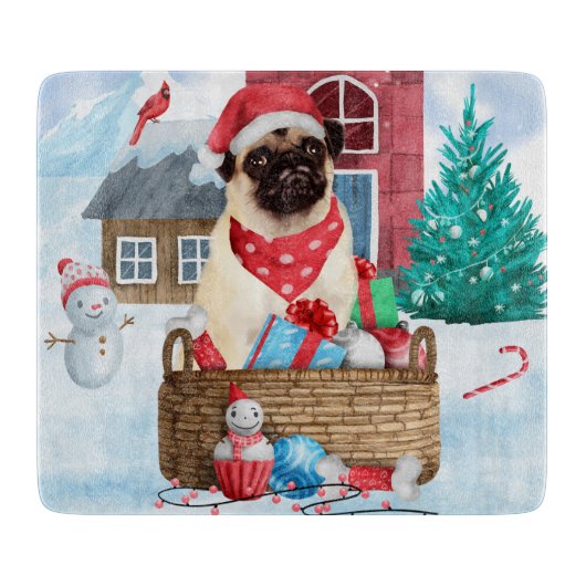 Mops Hund im Schnee Weihnachtshundehaus Schneidebrett (Vorderseite)