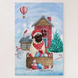 Mops-Hund im Schnee Weihnachtshundehütte Puzzle