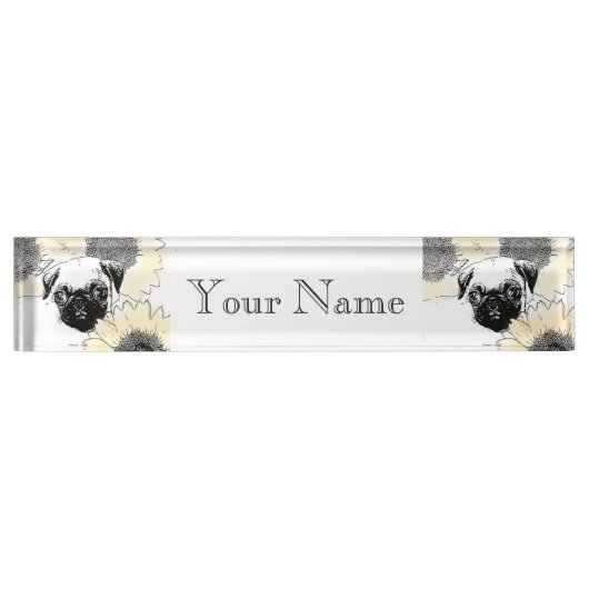 Mops-Hund im Sonnenblumeschreibtischnummernschild Namensplakette (Vorderseite)