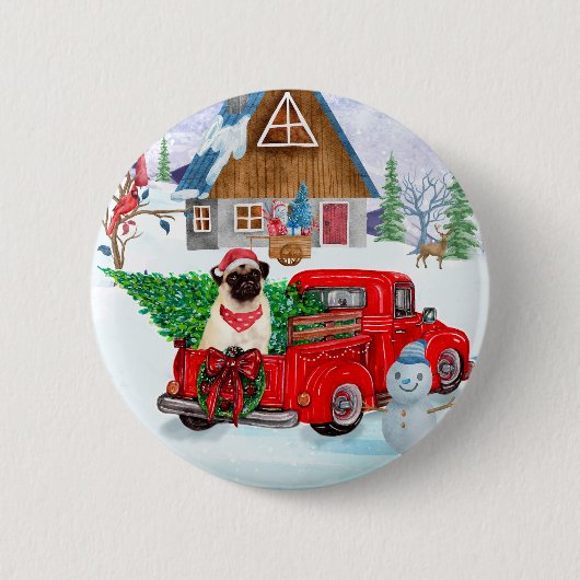 Mops Hund in der Weihnachtslieferung LKW Schnee Button (Vorderseite)