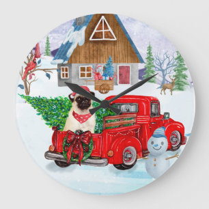 Mops Hund in der Weihnachtslieferung LKW Schnee gr Große Wanduhr