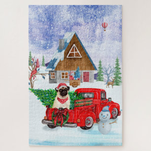 Mops Hund in der Weihnachtslieferung LKW Schnee Puzzle