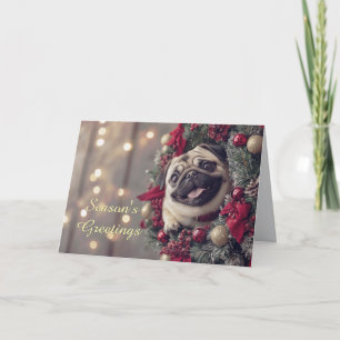 Mops Hund in einer Kranz-Weihnachtskarte Karte