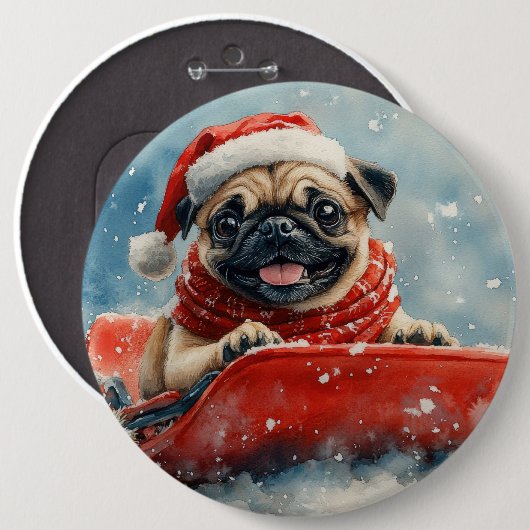 Mops Hund in Sledge Lass es Schnee Weihnachten Button (Vorne & Hinten)