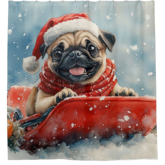 Mops Hund in Sledge Lass es Schnee Weihnachten Duschvorhang (Vorderseite)