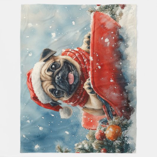 Mops Hund in Sledge Lass es Schnee Weihnachten Fleecedecke (Vorderseite)