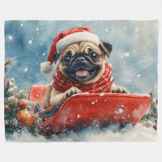 Mops Hund in Sledge Lass es Schnee Weihnachten Fleecedecke (Vorderseite (Horizontal))