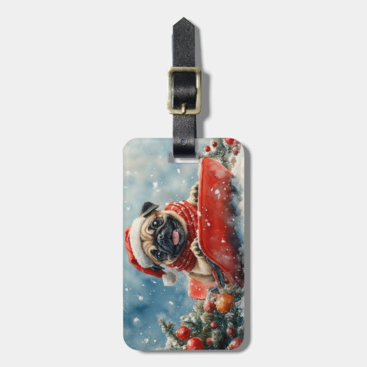 Mops Hund in Sledge Lass es Schnee Weihnachten Gepäckanhänger (Vorderseite vertikal)