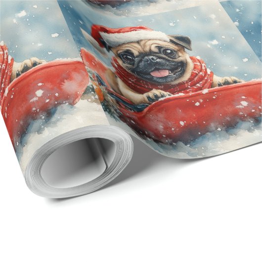 Mops Hund in Sledge Lass es Schnee Weihnachten Geschenkpapier (Rolleneckpunkt)