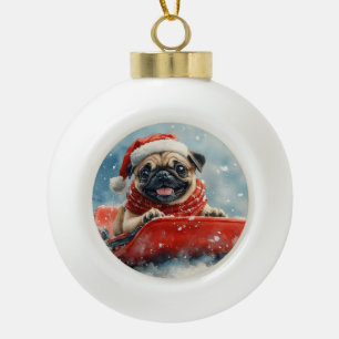 Mops Hund in Sledge Lass es Schnee Weihnachten Keramik Kugel-Ornament