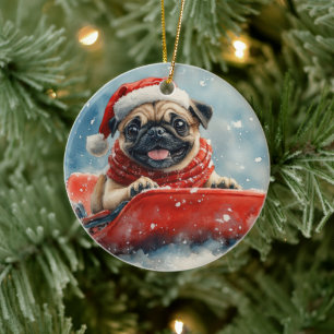 Mops Hund in Sledge Lass es Schnee Weihnachten Keramik Ornament