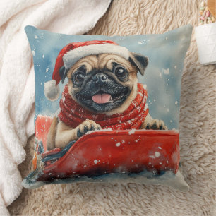 Mops Hund in Sledge Lass es Schnee Weihnachten Kissen