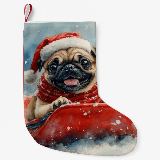 Mops Hund in Sledge Lass es Schnee Weihnachten Kleiner Weihnachtsstrumpf (Vorderseite)