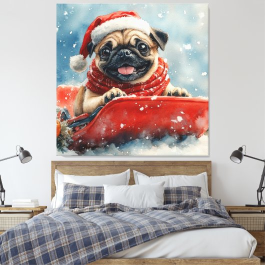 Mops Hund in Sledge Lass es Schnee Weihnachten Leinwanddruck (Insitu (Schlafzimmer))
