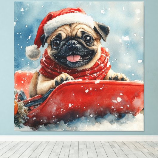 Mops Hund in Sledge Lass es Schnee Weihnachten Leinwanddruck (Insitu (Holzboden))