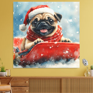 Mops Hund in Sledge Lass es Schnee Weihnachten Leinwanddruck