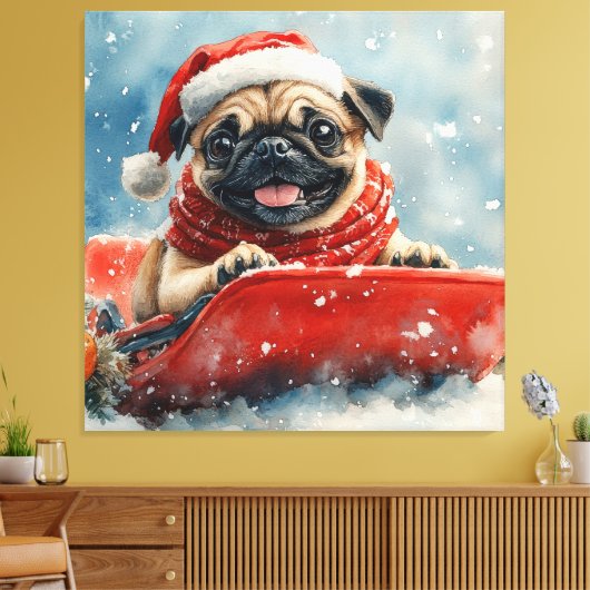 Mops Hund in Sledge Lass es Schnee Weihnachten Leinwanddruck (Insitu (Wohnzimmer))
