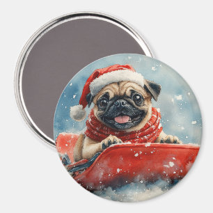 Mops Hund in Sledge Lass es Schnee Weihnachten Magnet