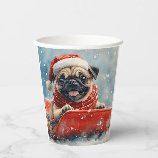 Mops Hund in Sledge Lass es Schnee Weihnachten Pappbecher (Vorderseite)