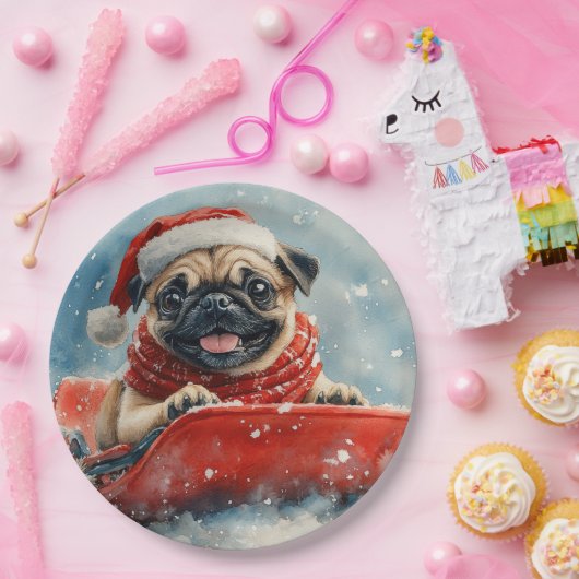 Mops Hund in Sledge Lass es Schnee Weihnachten Pappteller (Party)