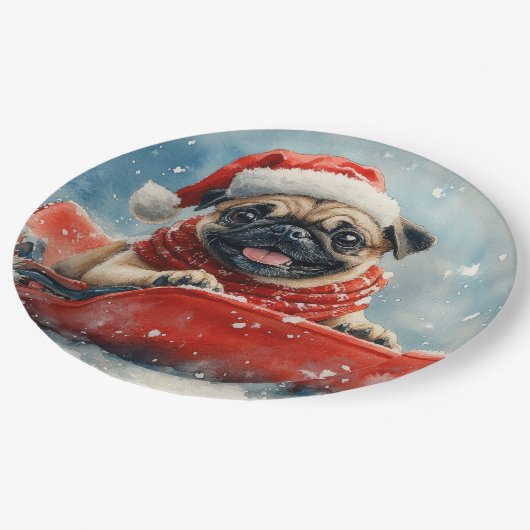 Mops Hund in Sledge Lass es Schnee Weihnachten Pappteller (Schrägansicht)