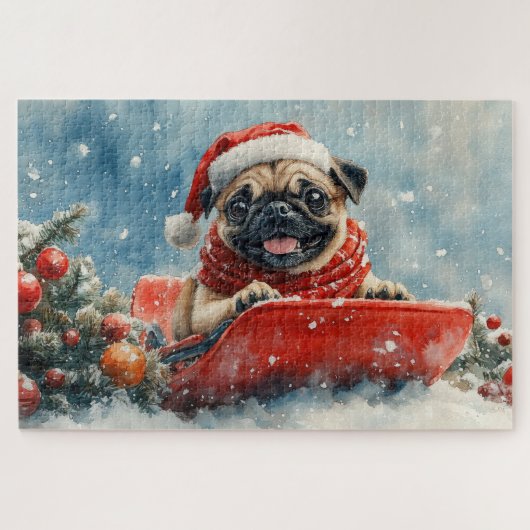 Mops Hund in Sledge Lass es Schnee Weihnachten Puzzle (Horizontal)