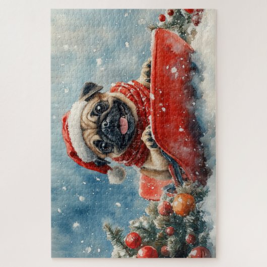 Mops Hund in Sledge Lass es Schnee Weihnachten Puzzle (Vertikal)