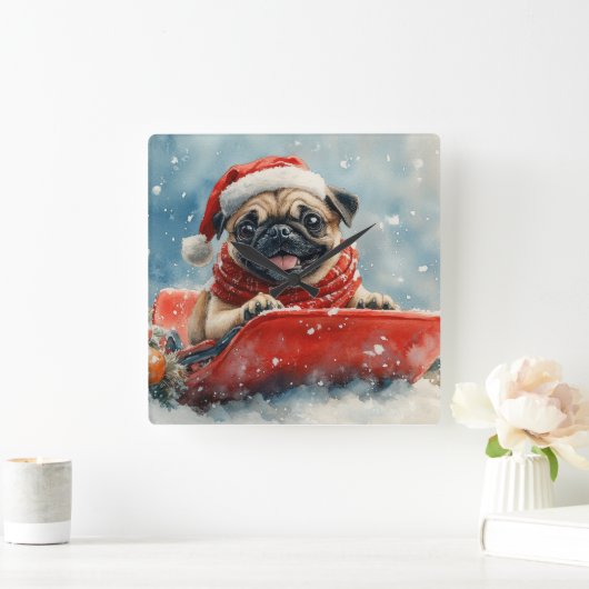 Mops Hund in Sledge Lass es Schnee Weihnachten Quadratische Wanduhr (Zuhause)