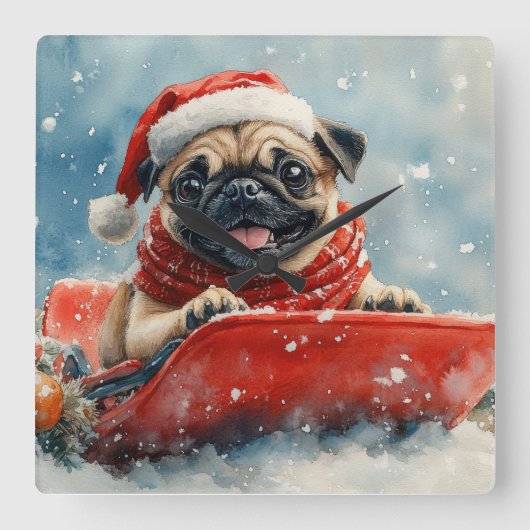 Mops Hund in Sledge Lass es Schnee Weihnachten Quadratische Wanduhr (Vorderseite)