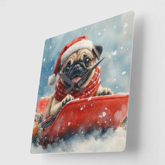 Mops Hund in Sledge Lass es Schnee Weihnachten Quadratische Wanduhr (Winkel)
