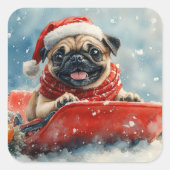 Mops Hund in Sledge Lass es Schnee Weihnachten Quadratischer Aufkleber (Vorderseite)