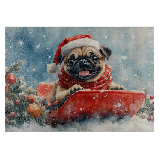 Mops Hund in Sledge Lass es Schnee Weihnachten Schneidebrett (Vorderseite)