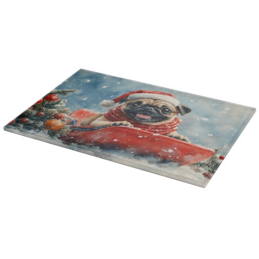 Mops Hund in Sledge Lass es Schnee Weihnachten Schneidebrett (Ecke)