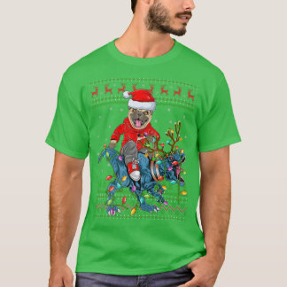 Mops Hund Lover Ugly Xmas Lights Mops Reiten Dinos T-Shirt