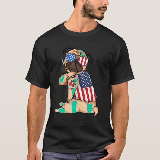 Mops-Hund Merica 4. july usa US-amerikanische Fahn T-Shirt (Vorderseite)