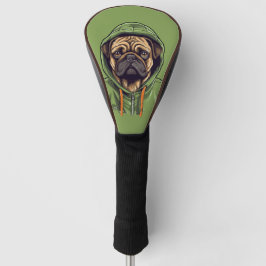 Mops Hund mit einem grünen Hoodie-Treiber Golf Headcover