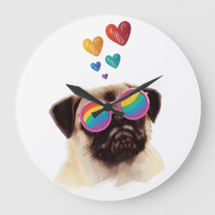 Mops Hund mit Herzen Valentinstag Große Wanduhr