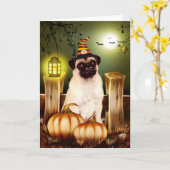 Mops Hund mit Hexenhut Halloween Karte (Gelbe Blume)