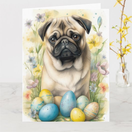 Mops Hund mit Ostereiern Urlaub Karte (Gelbe Blume)