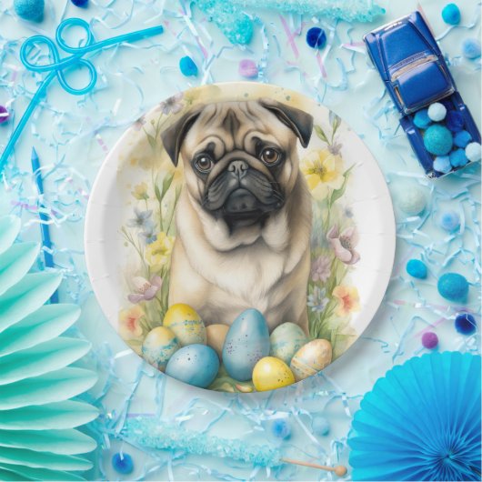 Mops Hund mit Ostereiern Urlaub Pappteller (Party)