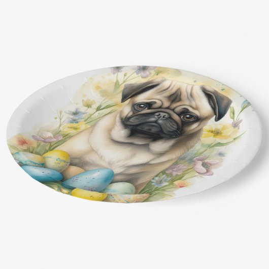 Mops Hund mit Ostereiern Urlaub Pappteller (Schrägansicht)